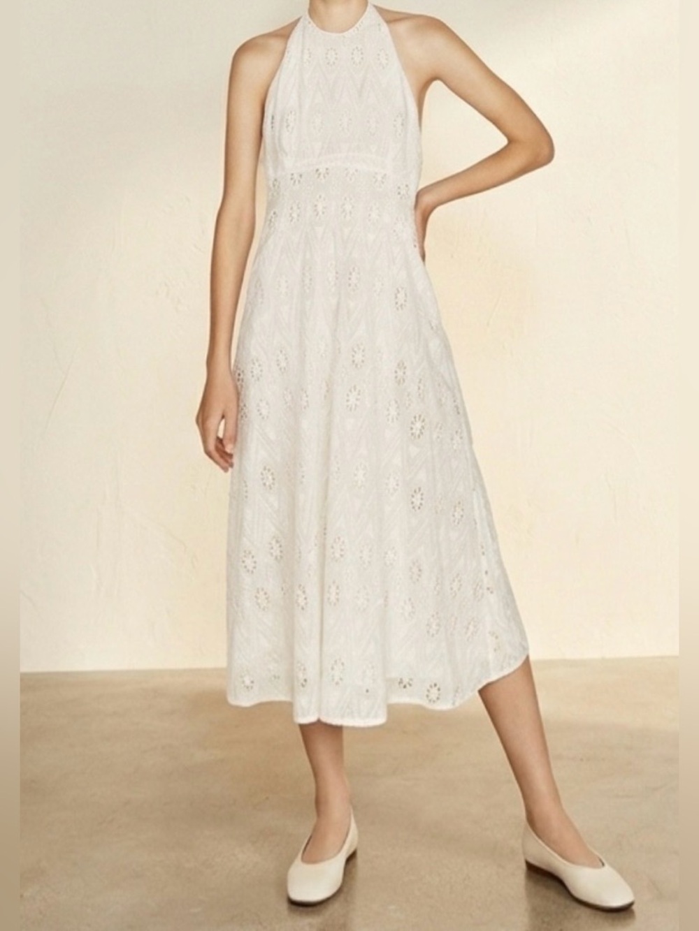 ⬆️ ZARA Ecru Ivory Embroidered Eyelet Midi Halter Midi Dress